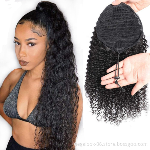 Hot Sale Indian Human Raw Virgin Hair Kinky Curly Drawstring Ponytail For Black Women